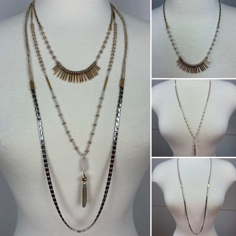 Stella & Dot Riad Layering Necklace 7-in-1 Necklace Silver Gold Pink Tassel Boho